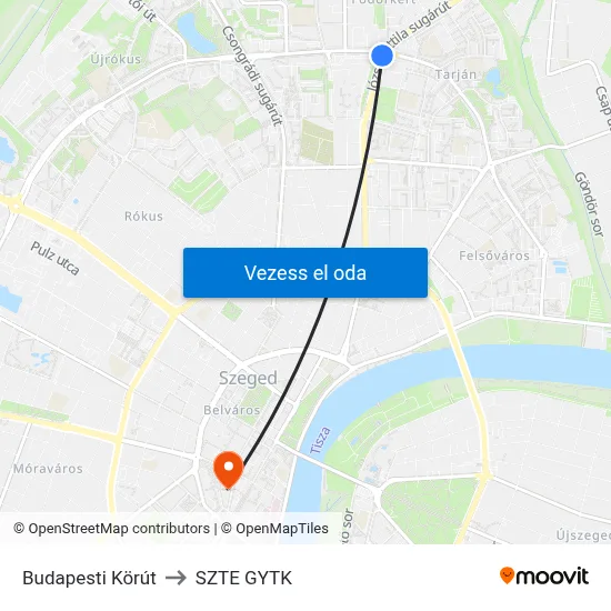 Budapesti Körút to SZTE GYTK map