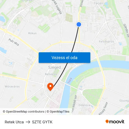 Retek Utca to SZTE GYTK map