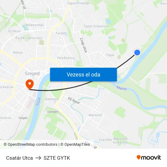 Csatár Utca to SZTE GYTK map