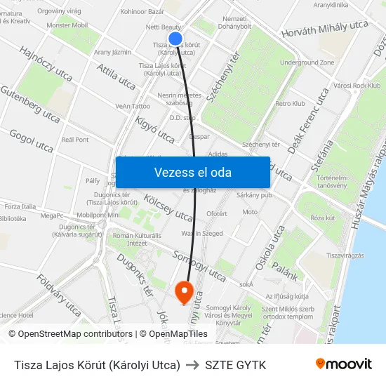 Tisza Lajos Körút (Károlyi Utca) to SZTE GYTK map