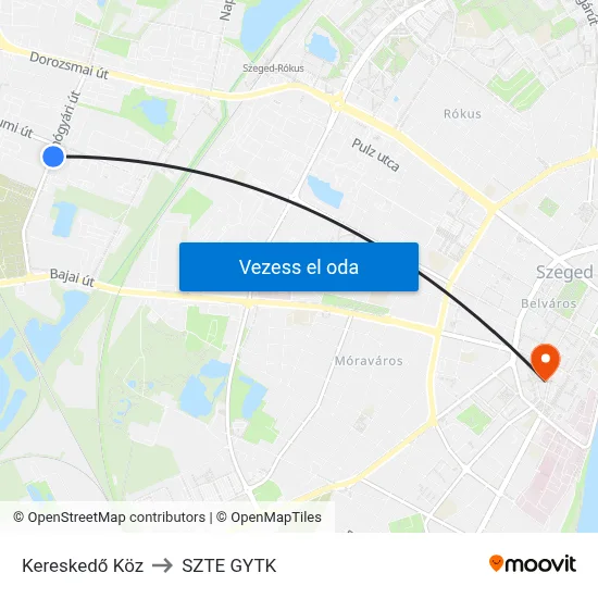 Kereskedő Köz to SZTE GYTK map