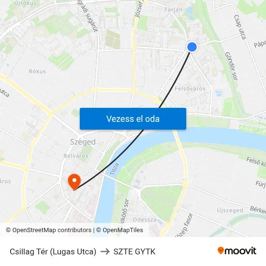 Csillag Tér (Lugas Utca) to SZTE GYTK map