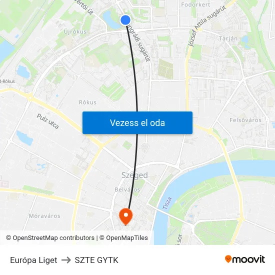 Európa Liget to SZTE GYTK map