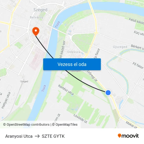 Aranyosi Utca to SZTE GYTK map