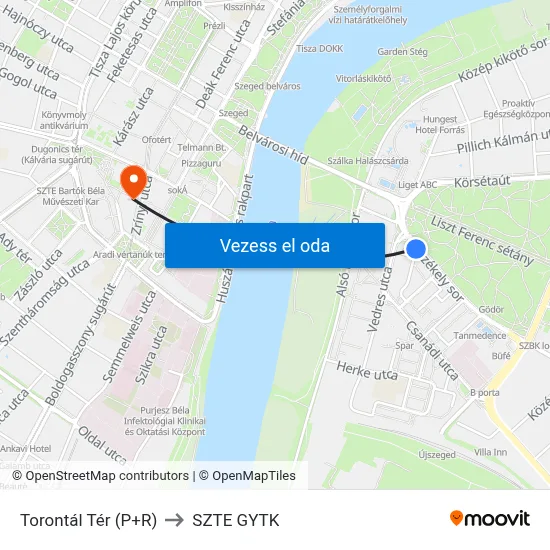 Torontál Tér (P+R) to SZTE GYTK map