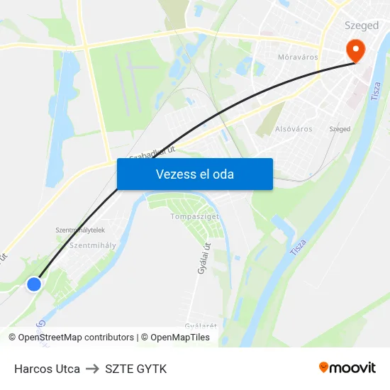 Harcos Utca to SZTE GYTK map