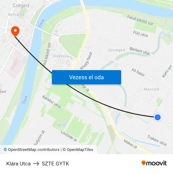 Klára Utca to SZTE GYTK map