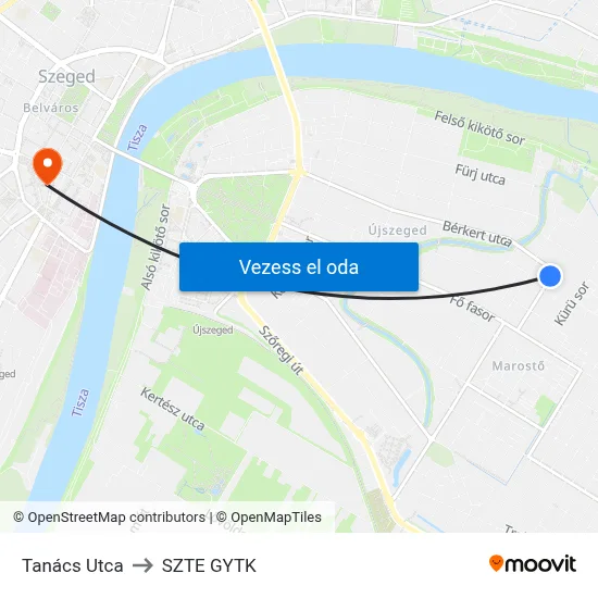 Tanács Utca to SZTE GYTK map
