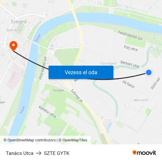 Tanács Utca to SZTE GYTK map