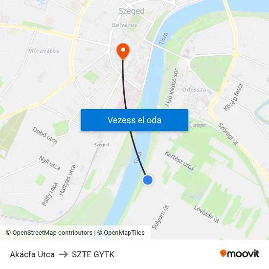 Akácfa Utca to SZTE GYTK map