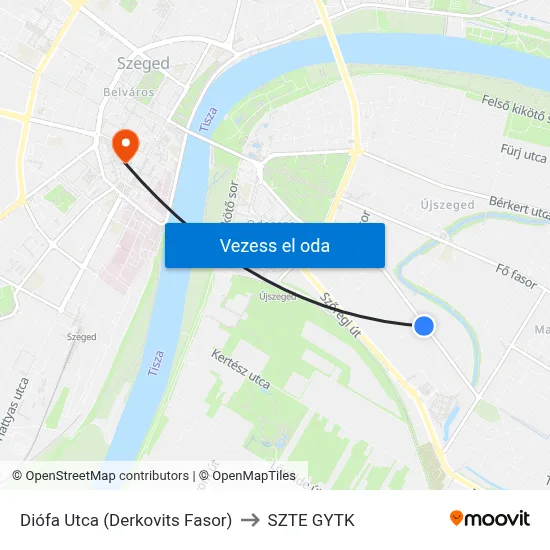 Diófa Utca (Derkovits Fasor) to SZTE GYTK map