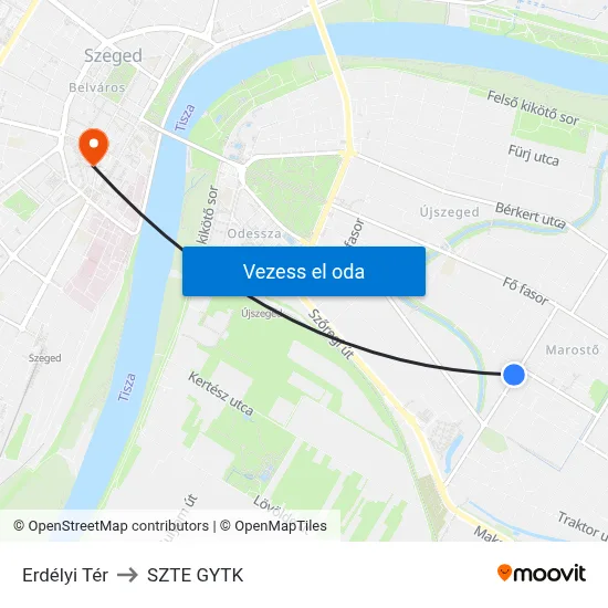Erdélyi Tér to SZTE GYTK map