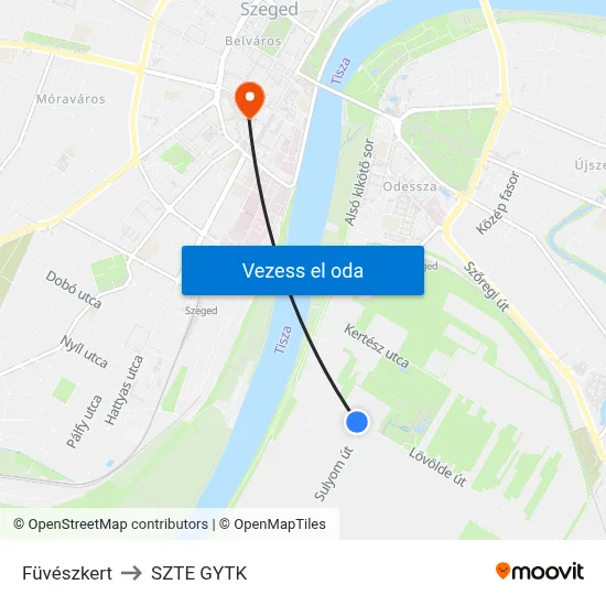 Füvészkert to SZTE GYTK map