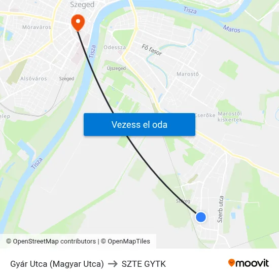 Gyár Utca (Magyar Utca) to SZTE GYTK map