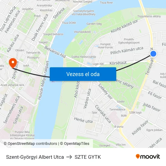 Szent-Györgyi Albert Utca to SZTE GYTK map