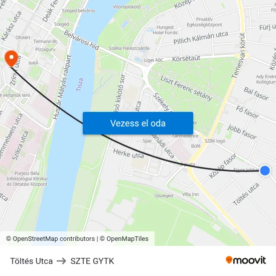 Töltés Utca to SZTE GYTK map