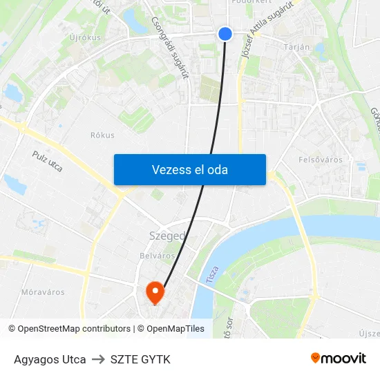 Agyagos Utca to SZTE GYTK map