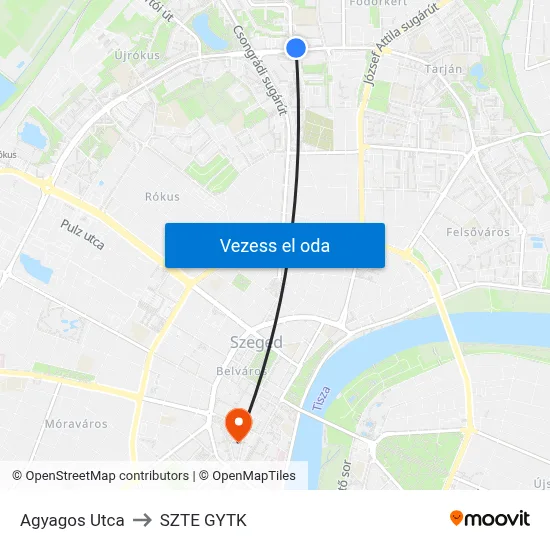 Agyagos Utca to SZTE GYTK map
