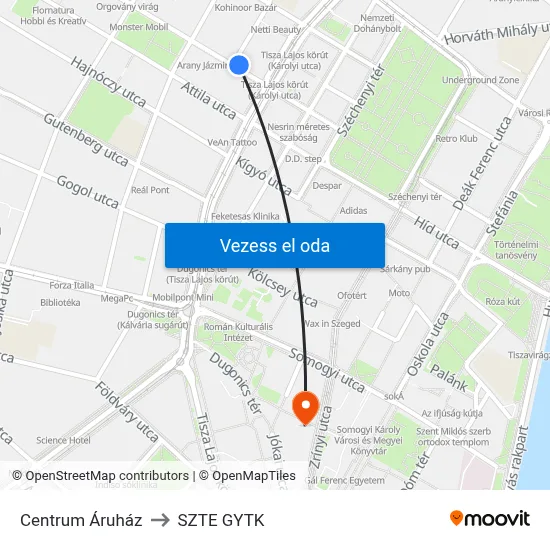 Centrum Áruház to SZTE GYTK map