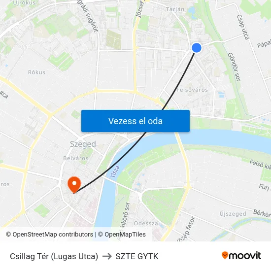 Csillag Tér (Lugas Utca) to SZTE GYTK map