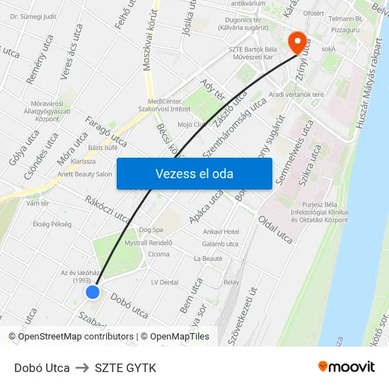 Dobó Utca to SZTE GYTK map