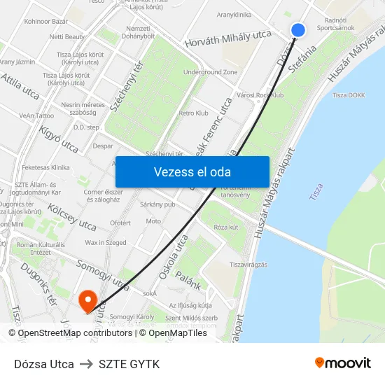 Dózsa Utca to SZTE GYTK map