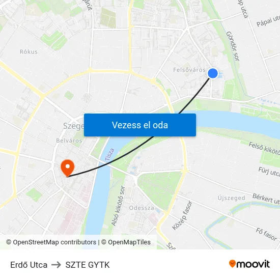 Erdő Utca to SZTE GYTK map