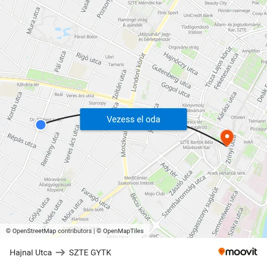 Hajnal Utca to SZTE GYTK map