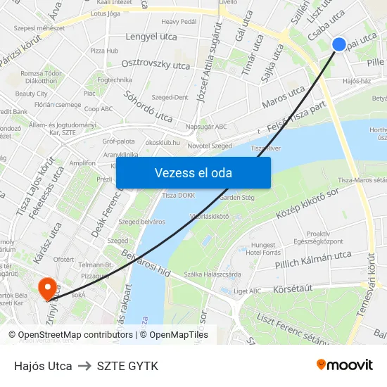 Hajós Utca to SZTE GYTK map