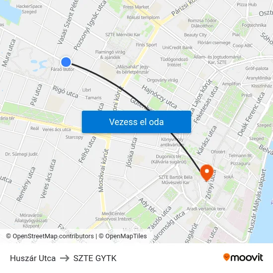 Huszár Utca to SZTE GYTK map