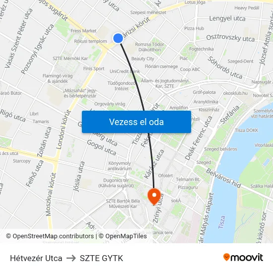 Hétvezér Utca to SZTE GYTK map