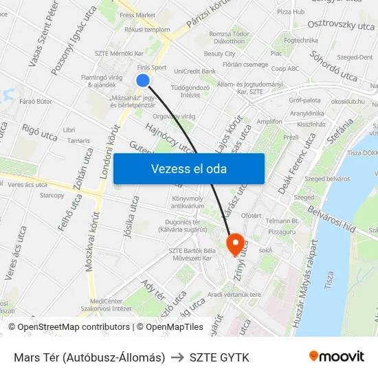 Mars Tér (Autóbusz-Állomás) to SZTE GYTK map