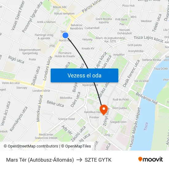 Mars Tér (Autóbusz-Állomás) to SZTE GYTK map