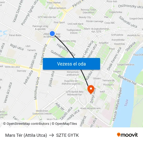 Mars Tér (Attila Utca) to SZTE GYTK map