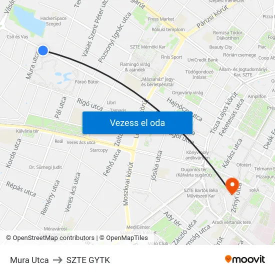 Mura Utca to SZTE GYTK map