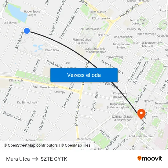 Mura Utca to SZTE GYTK map