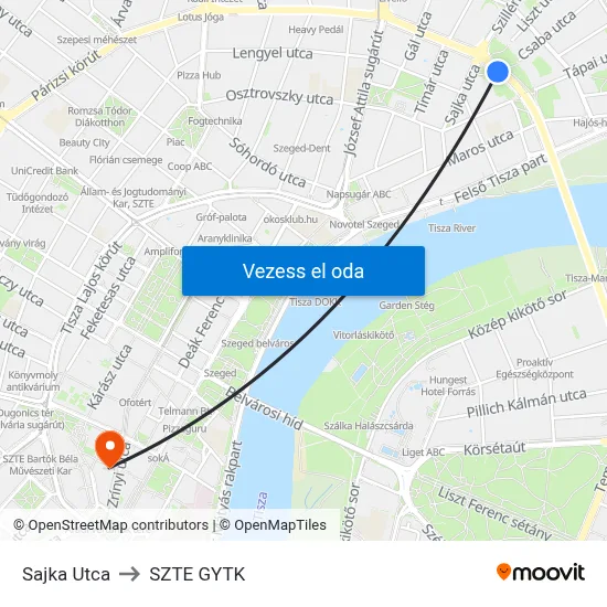Sajka Utca to SZTE GYTK map
