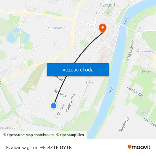 Szabadság Tér to SZTE GYTK map