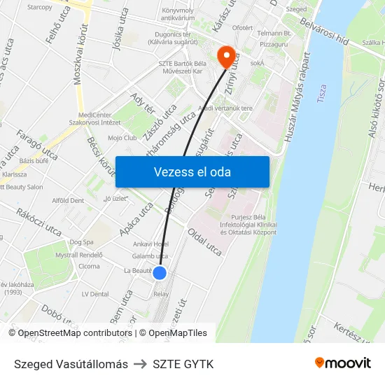 Szeged Vasútállomás to SZTE GYTK map