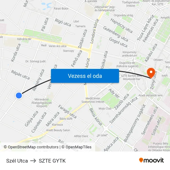 Szél Utca to SZTE GYTK map