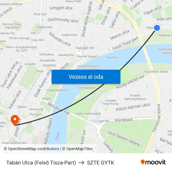 Tabán Utca (Felső Tisza-Part) to SZTE GYTK map