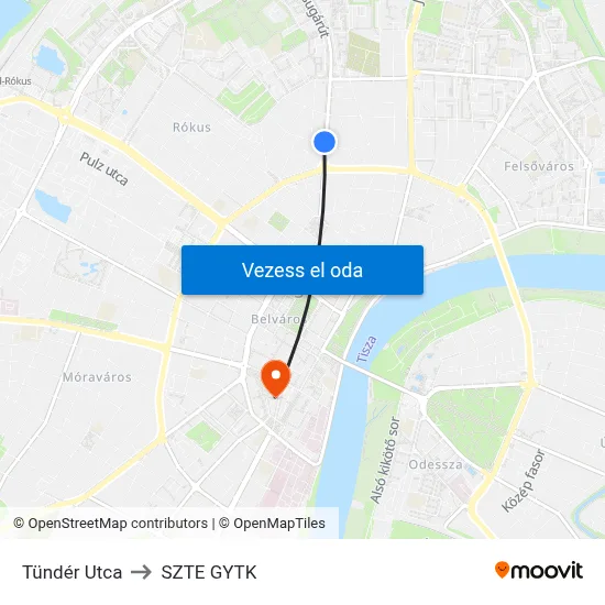 Tündér Utca to SZTE GYTK map