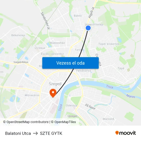 Balatoni Utca to SZTE GYTK map
