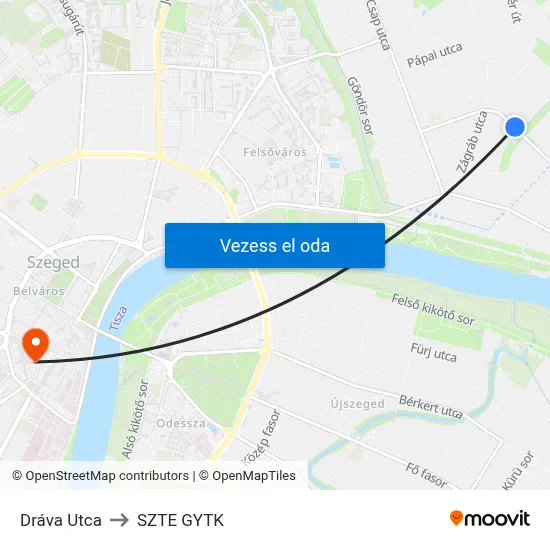 Dráva Utca to SZTE GYTK map