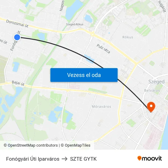Fonógyári Úti Iparváros to SZTE GYTK map