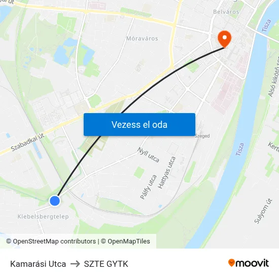 Kamarási Utca to SZTE GYTK map