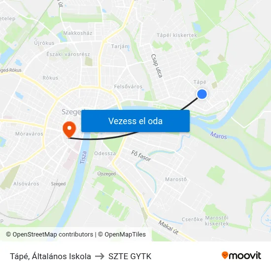 Tápé, Általános Iskola to SZTE GYTK map