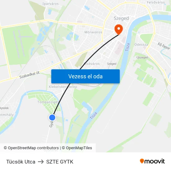 Tücsök Utca to SZTE GYTK map