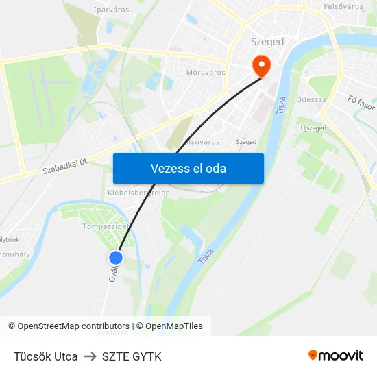 Tücsök Utca to SZTE GYTK map