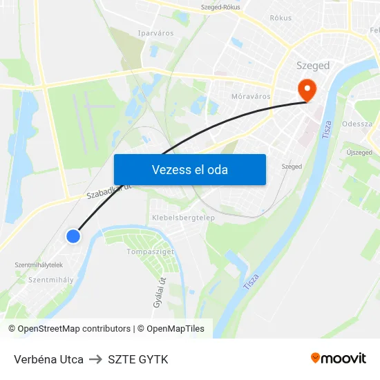 Verbéna Utca to SZTE GYTK map